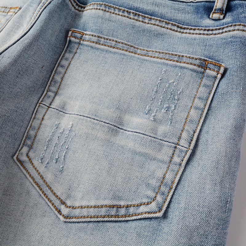 Herrenbekleidung im gleichen Stil, Katzenschnurrhaare, zerknitterte Farbe, Patchwork, Lederpatch, Loch, elastische Slim Fit-Röhrenjeans_voghion.com