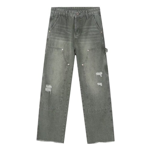 American street style washed vintage ripped jeans for men, suitable for spring and autumn, straight leg, loose fit, European and American high street vibe long pants