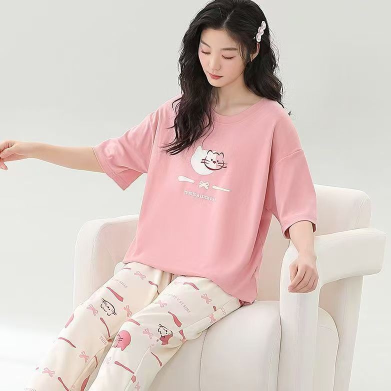 Foreign Trade Cross-border Pajamas Women's New Summer Thin Short-sleeved Trousers Round Neck Summer Outwear Women's Suit