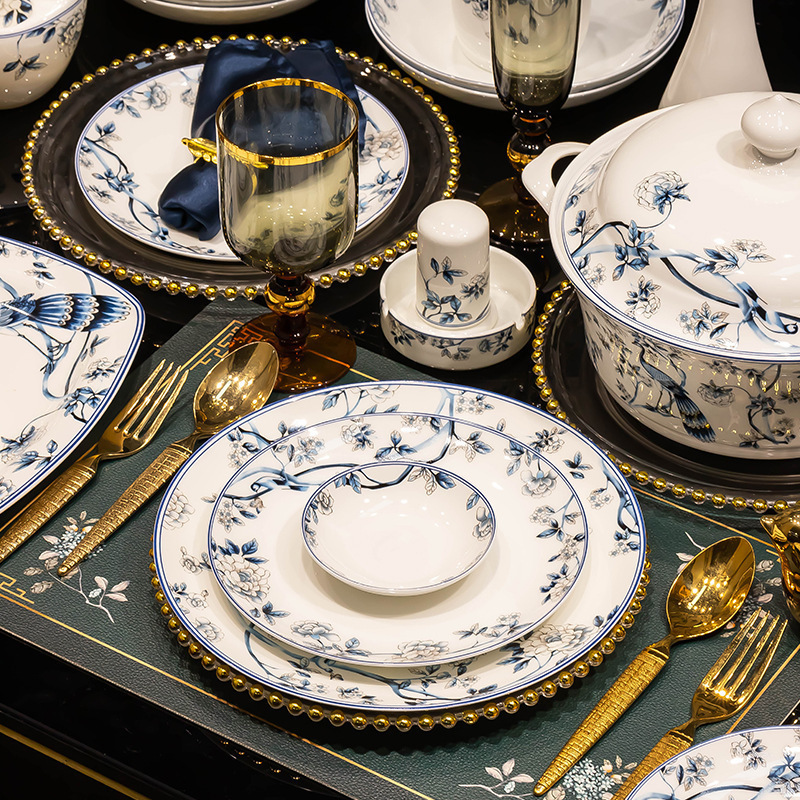Palace-Style Bone China Dinnerware Set Jingdezhen Household Ceramic Bowls and Plates Hand-Painted Housewarming Gift Box Full Set Wholesale