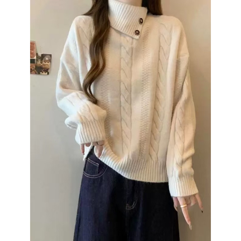 Suéter de torsión de hombro de cuello alto de alta calidad para mujeres 2025 otoño gran grasa mm con solapa irregular camisa de punto superior