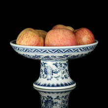 创意复古青花瓷果盘 中式家用陶瓷高脚点心盘果盆水果盘坚果盘