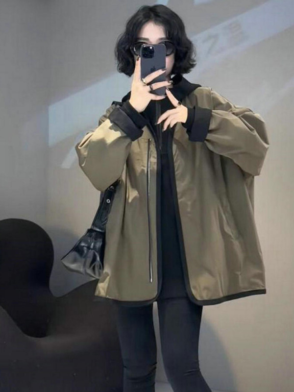 欧货撞色两面穿V领风衣女士秋季新款宽松显瘦百搭棒球中长款外套|undefined