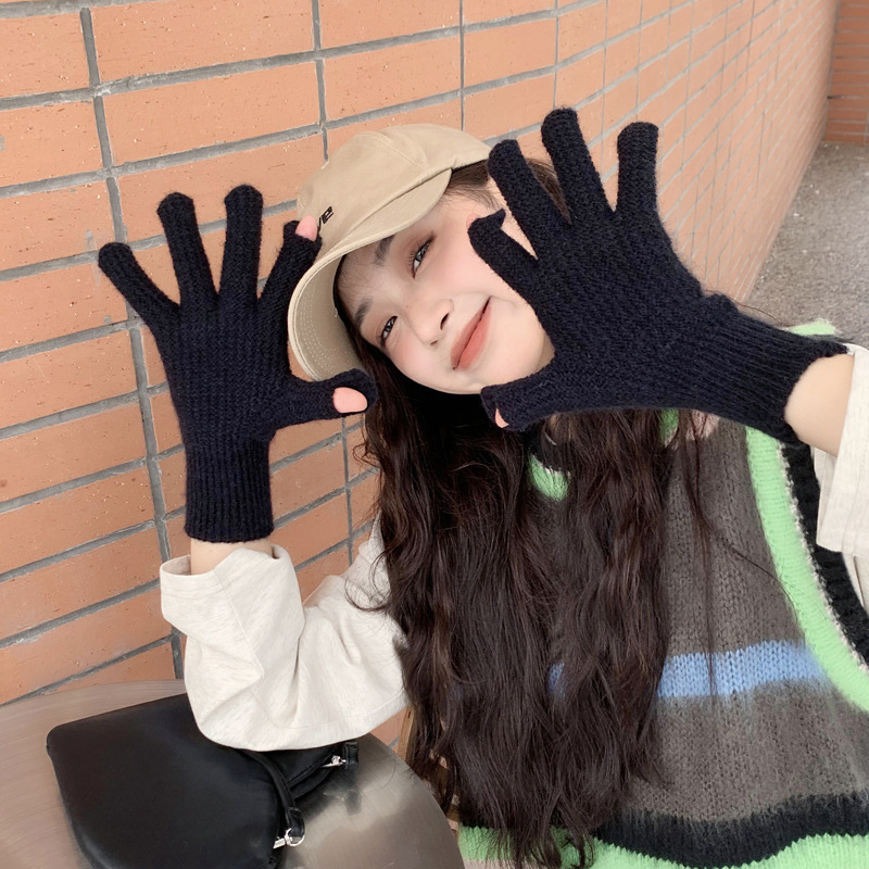 冬の女子学生向けの無地ニット手袋、指なし、タッチスクリーン対応、携帯電話操作可能、ウール製、暖かいロングリストスタイル、サイクリング用、防寒対策|undefined