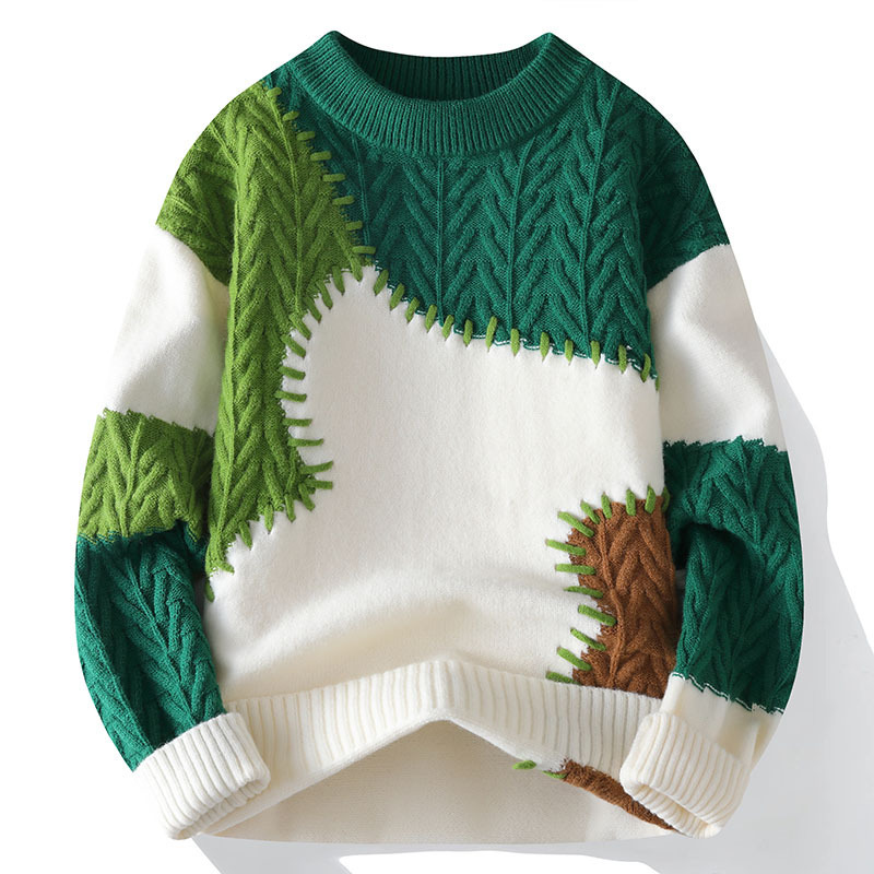 Men's Sweater Autumn and Winter Thickened Warm Knitwear Korean Style Trendy Youth Student Base Layer Spliced Knit