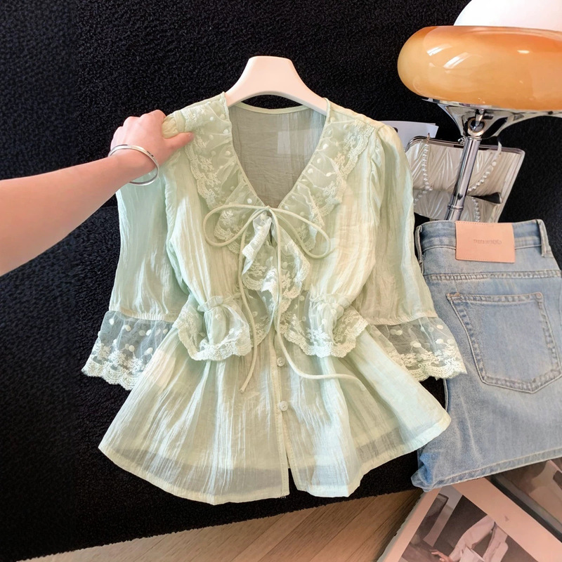 Gorgeous Ruffled V-Neck Puff Sleeve Shirt for Women, 2026 Summer New Design Lace Trim Top Gorgeous Ruffled V-Neck Puff Sleeve Shirt for Women, 2026 Summer New Design Lace Trim Top