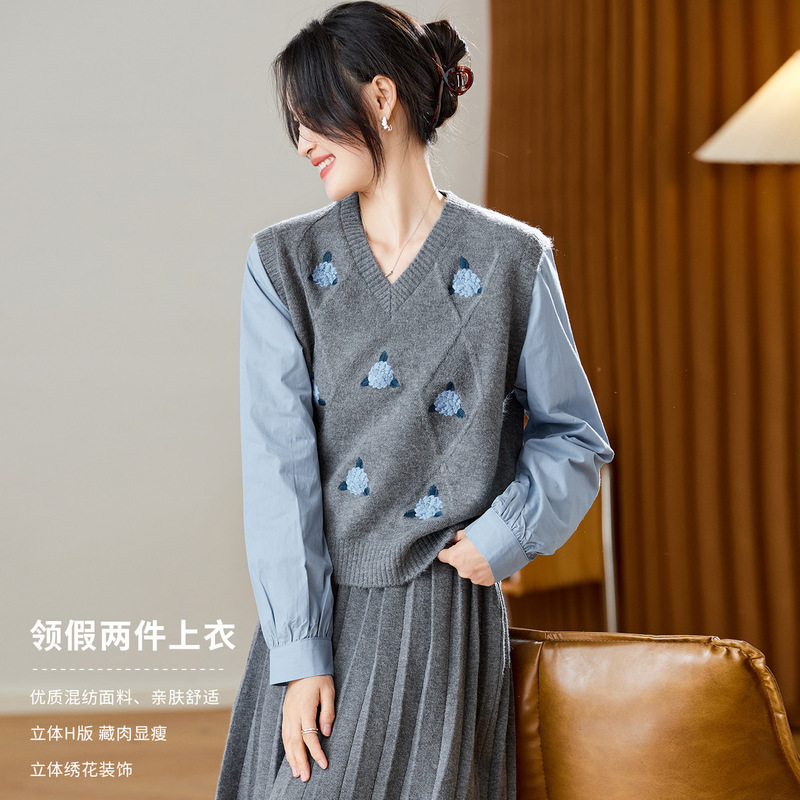 Cotton Cocoon Fake Two-Piece Knit Sweater for Women 2026 Spring and Autumn New Design Niche Splicing Pullover Jacquard Sweater