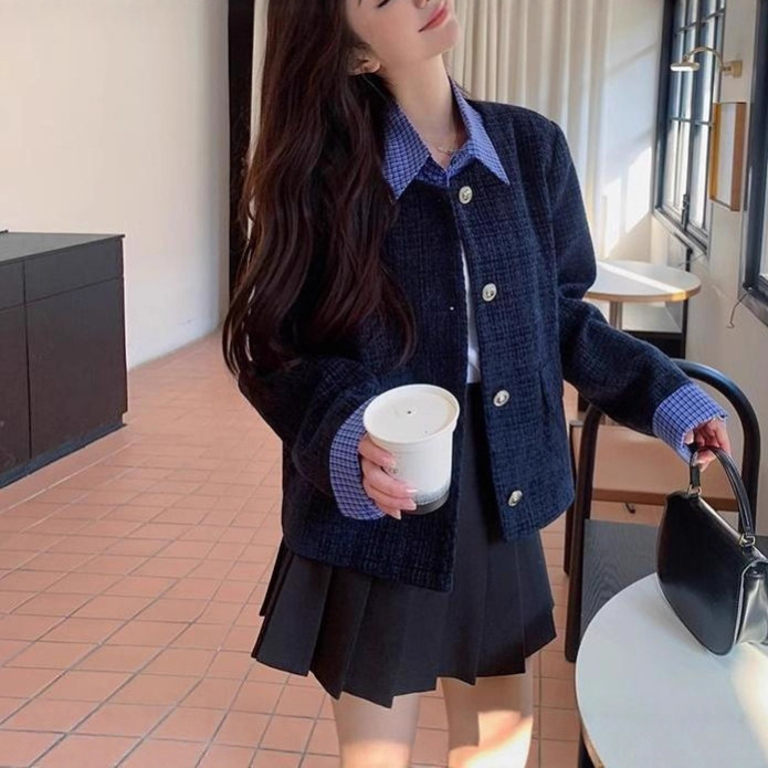 2025春新款高端设计感格纹拼接小香风外套女休闲百搭洋气设计上衣|undefined