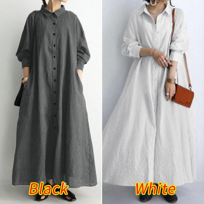 In stock 2023 artistic style cotton and linen striped lapel long sleeve pocket simple loose casual long shirt dress In stock 2023 artistic style cotton and linen striped lapel long sleeve pocket simple loose casual long shirt dress