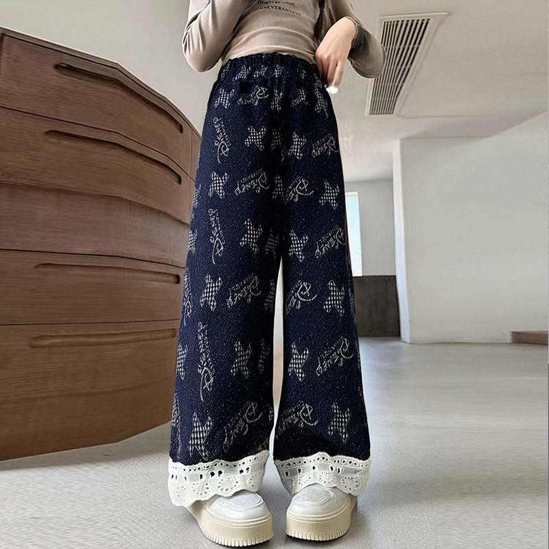 秋上新女童新防牛仔韩版长裤直筒裤女孩中童阔腿裤洋气裤子松紧腰|undefined