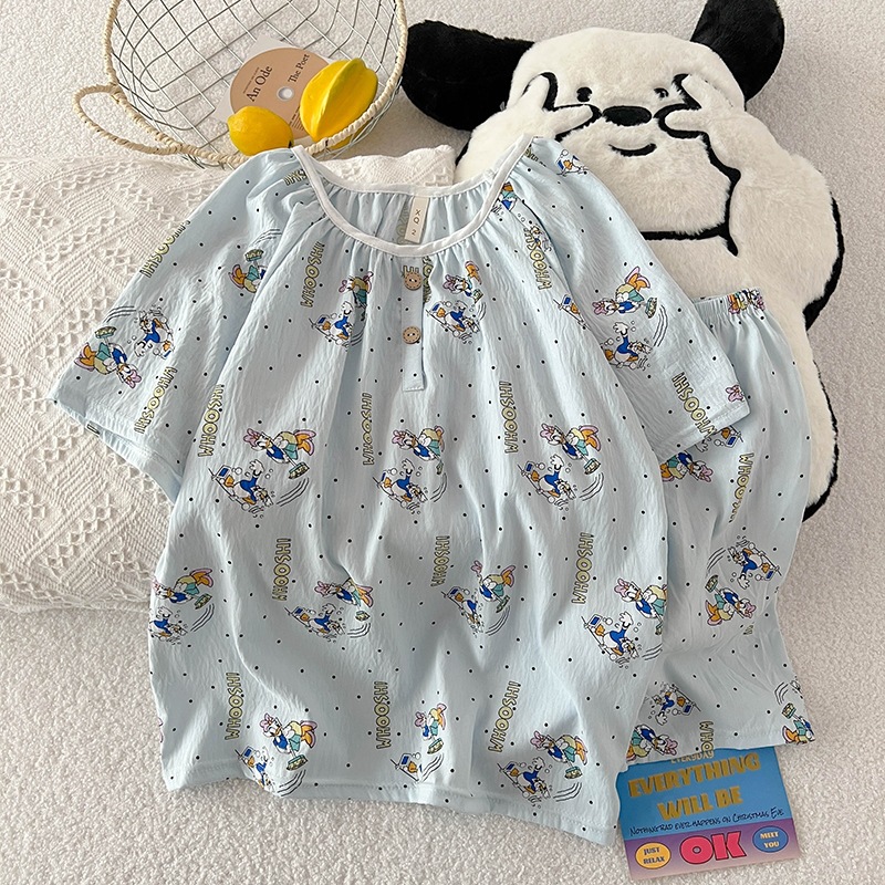 Primavera y verano nubes de algodón pijamas de mangas cortas de cuello redondo encantador dibujos animados de niña en ropa de casa dos piezas de pijamas