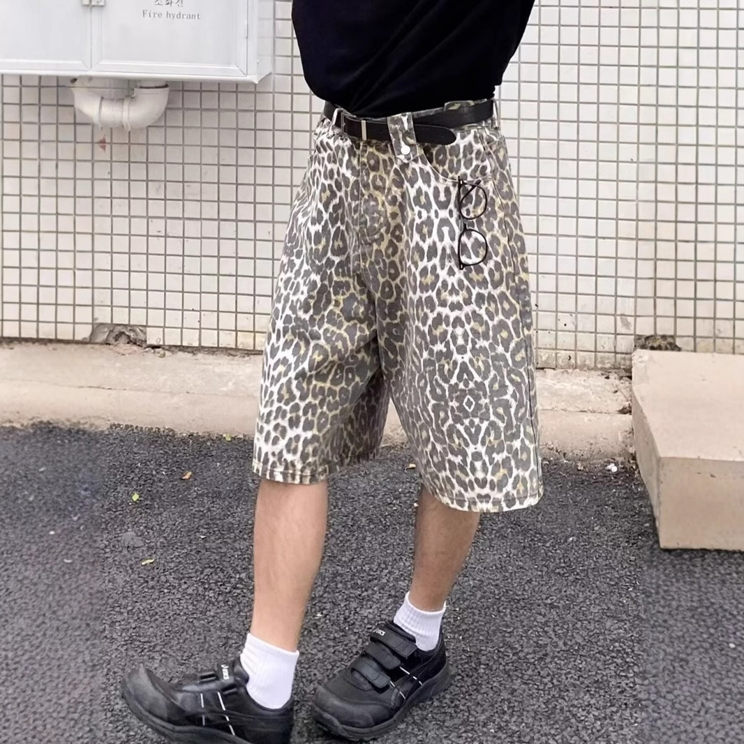 American Retro Leopard Print Casual Five-Point Pants Men's Summer Design Niche Loose Straight Denim Shorts Trendy