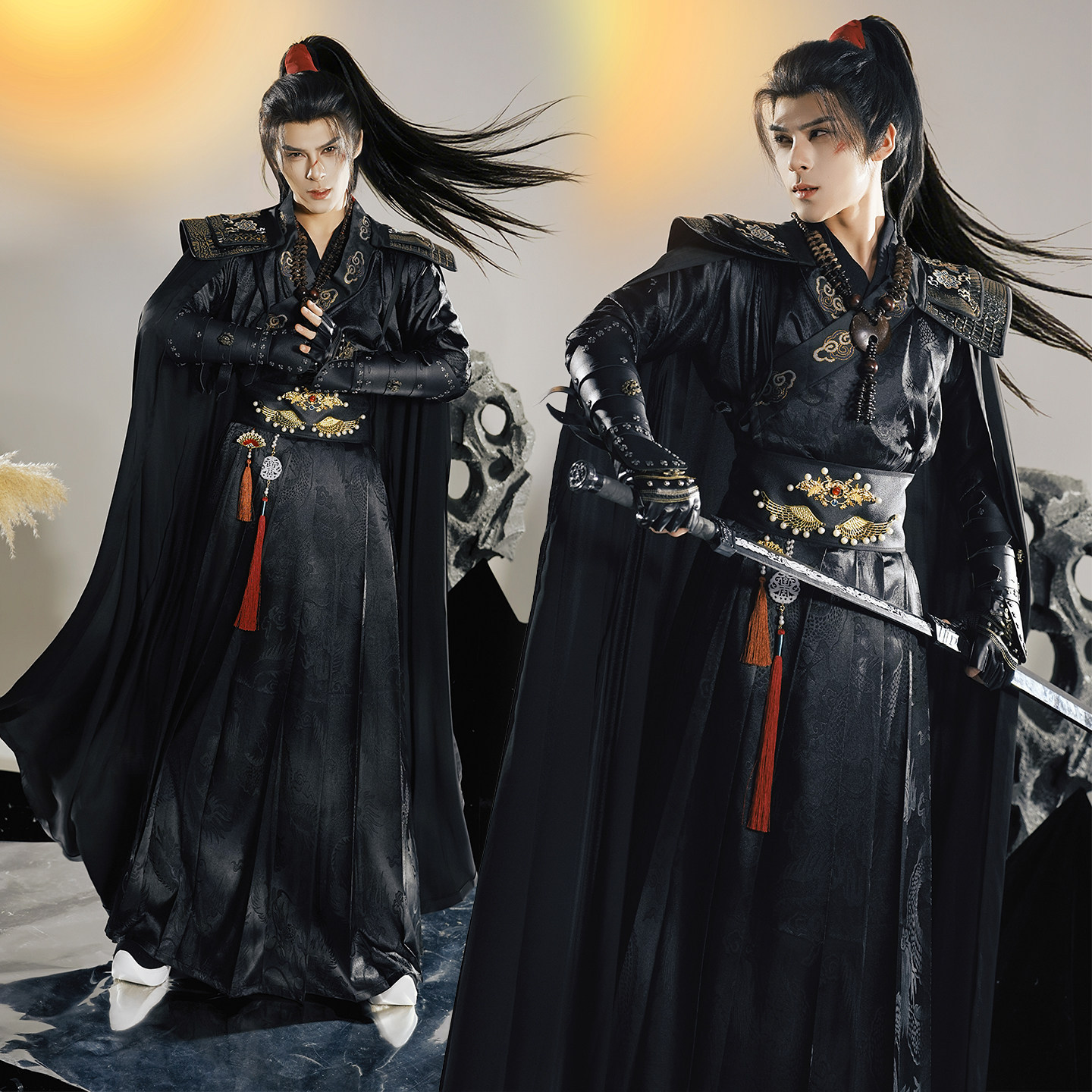 Original ancient-style black warrior outfit for men, Hanfu costume for Mo Ran cosplay, handsome swordsman martial arts convention set