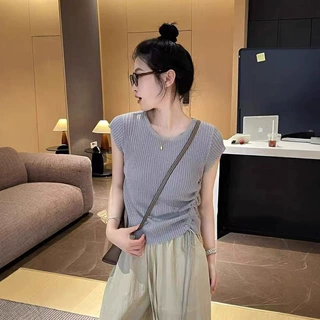 热卖！不规则抽绳收腰针织短袖女 2025夏季新款韩系修身显瘦上衣T