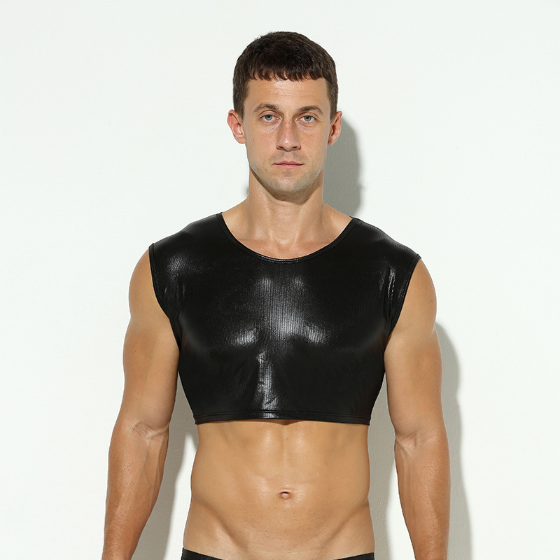 Men's New Style Imitation Leather Fashion Chest Abs Vest Special Sleeveless Lined Sports Corset O Inner Clothes Top