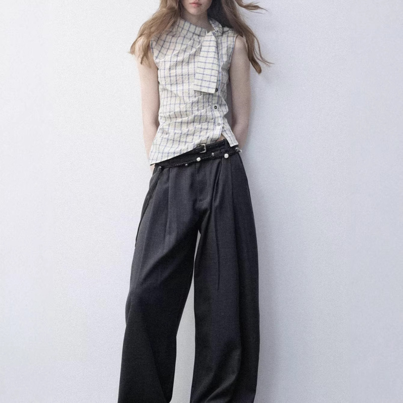 Luamoss "100% Cotton" Plaid High Collar Tie-Waist Top for Women, New Slimming and Elegant Versatile Shirt