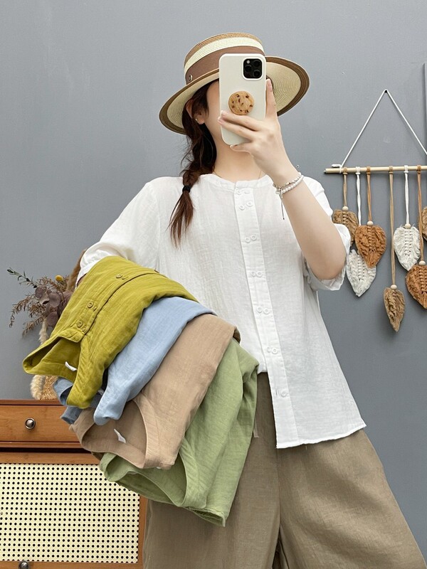 Korean Style New Model Double-Layer Gauze Solid Color Double-Breasted Loose Women's Cardigan Short-Sleeve Shirt Wholesale