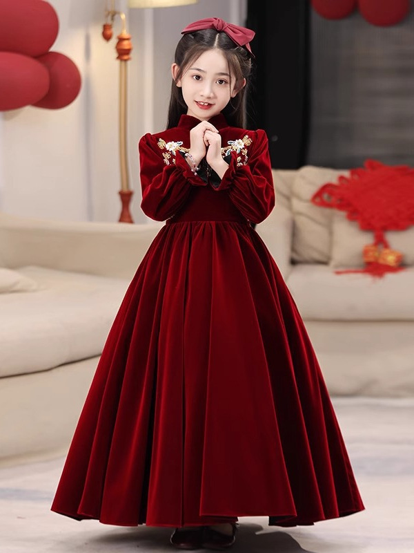 Otoño y invierno vestido rojo de Año Nuevo vestido de niña vestido de princesa vestido de niños anfitriones de alto nivel piano vestido