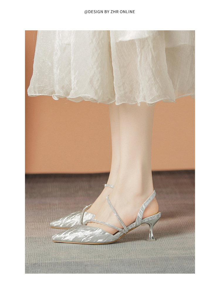 Sandal cao gót nữ mũi nhọn bít mũi đính đá phong cách Pháp — Y781 màu bạc chi tiết 16