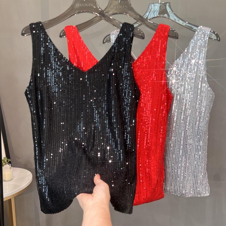 2024 New European and American Sequin V-neck Vest Inner Suit Base Shirt Outer Glitter Top 2024 New European and American Sequin V-neck Vest Inner Suit Base Shirt Outer Glitter Top