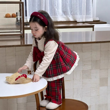 儿童圣诞套装加厚衣服婴儿秋冬装韩版童装女童背带裙格子加绒套装