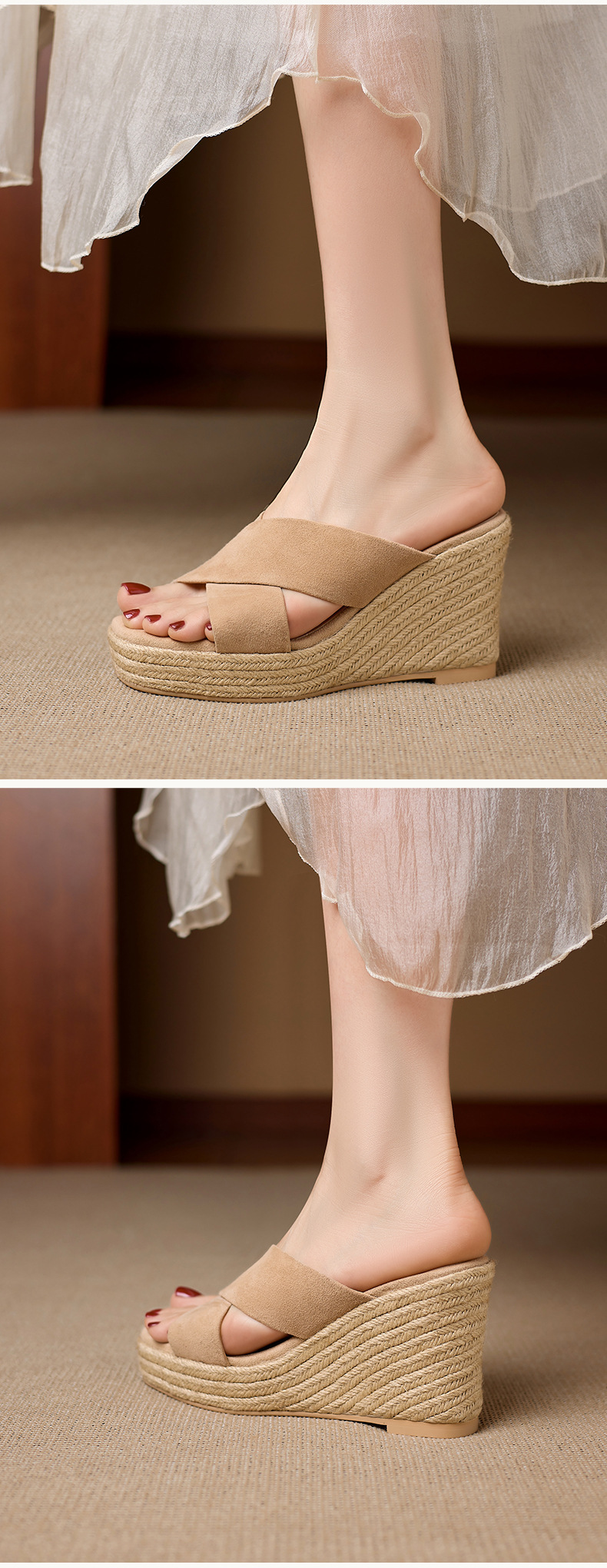 Dép sandal nữ quai chéo đế xuồng bện cói gót cao 5 cm — Da lộn màu hạnh nhân, Da bò thượng hạng màu súng chi tiết 5