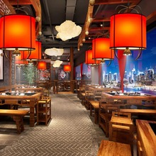 新中式禅意餐厅火锅店包间吊灯带射灯烤肉卡座国潮中国风红色灯具