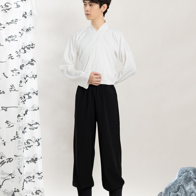 5635 Han Dynasty Bottoming Cross Collar White Top + Elastic Black Pants Dance Clothing Practice Clothing for Men and Women