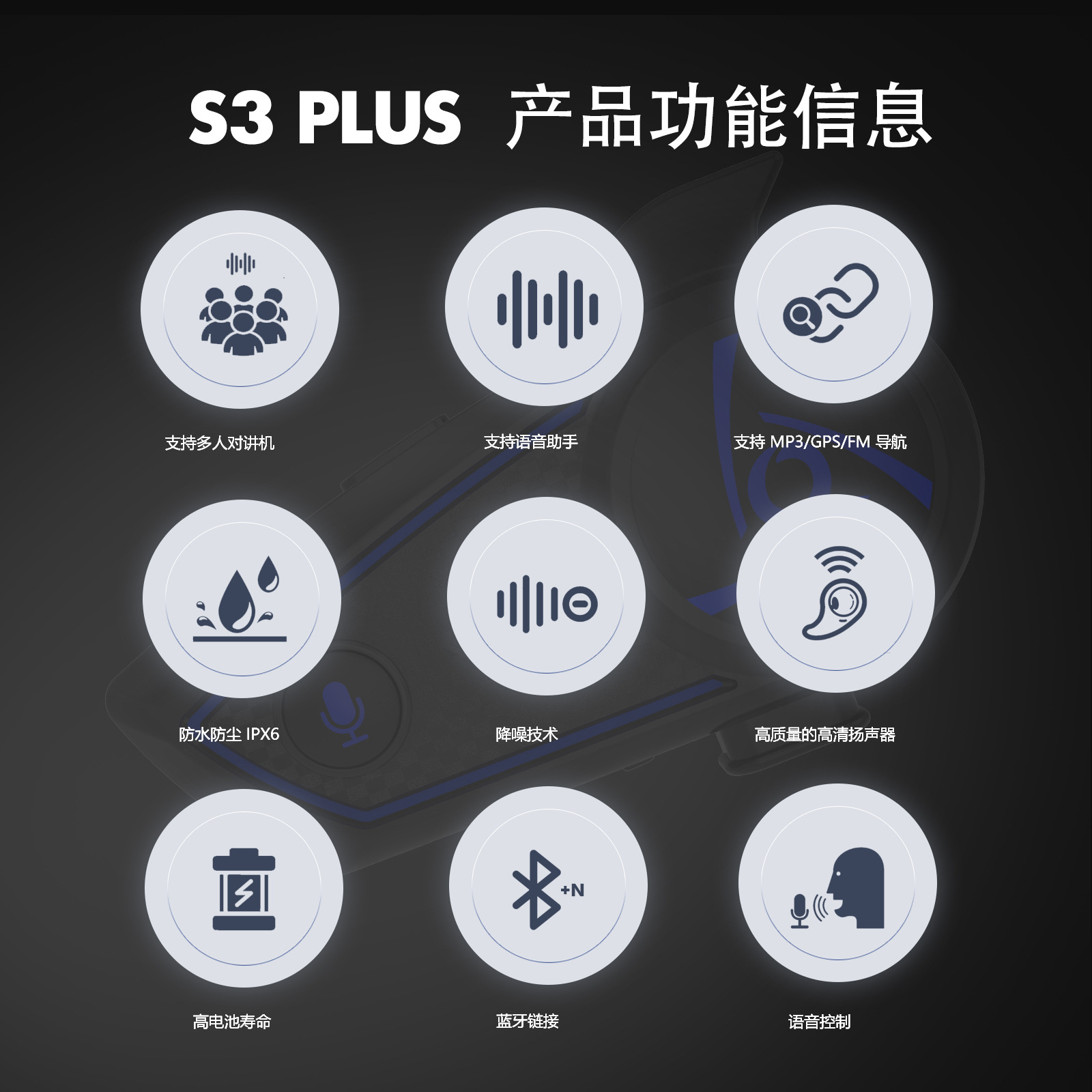 S3Plus Cross-Border Popular Motorcycle Helmet Bluetooth Intercom Headset for Multi-Person Real-Time Communication 1500m Ski Riders