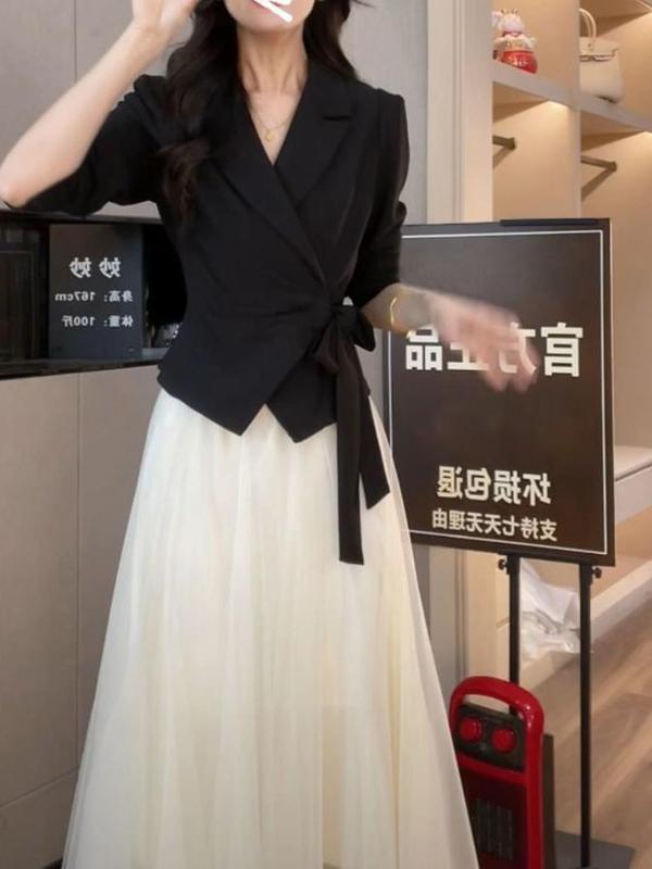 2025新款气质夏季西装感上衣超仙的半身网纱裙两件套套装女氨纶|undefined