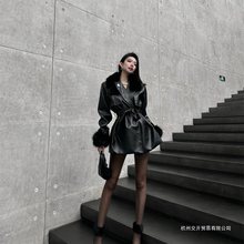 御姐气质感西装领皮衣外套女秋冬新款系带收腰中长款夹克上衣