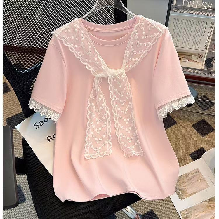 Plus-Size Heavy Lace Shawl Short-Sleeve T-Shirt for Women, 2026 Summer New Style, Slim-Fit, Flattering, Fashionable Top for Women