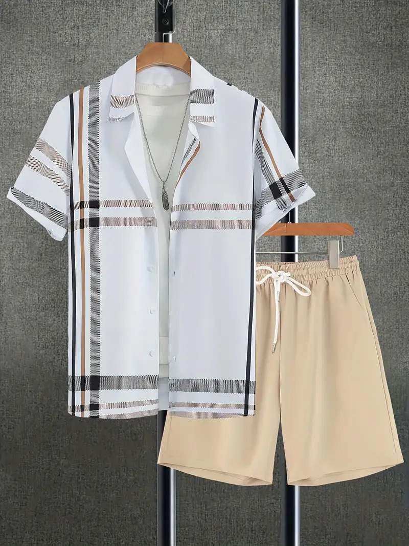 Transfronterizo 2024 nuevo estilo Amazon moda europea y americana casual todo fósforo manga corta cuello cubano pantalones cortos traje MB05 MA1