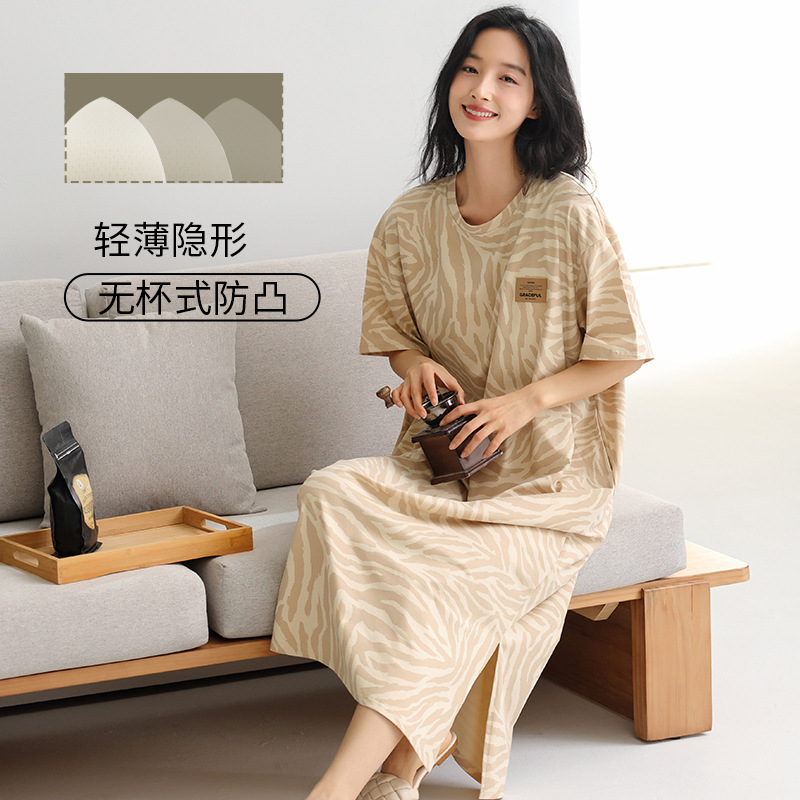 Pijama de algodón para mujeres con cojín de pecho pijama de mangas cortas 2025 nuevo vestido de cuello redondo se puede usar ropa de hogar grande