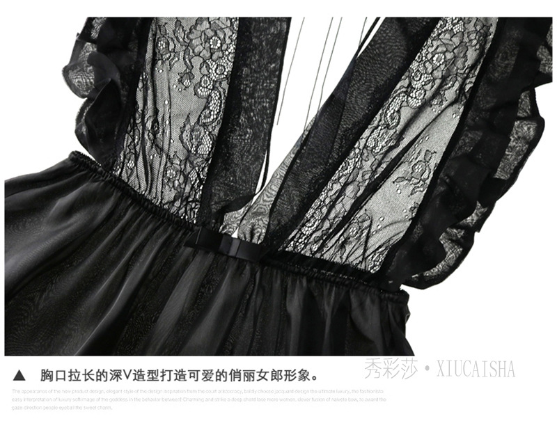 Plus Size See-Through Lace Babydoll Nightgown with Suspenders, Black Short-Skirt Style — detail image 8