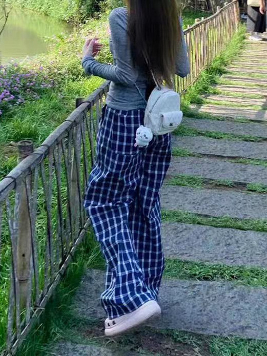 2025年秋装新款蓝色格子裤女高腰慵懒宽松遛弯裤垂感休闲阔腿裤|undefined