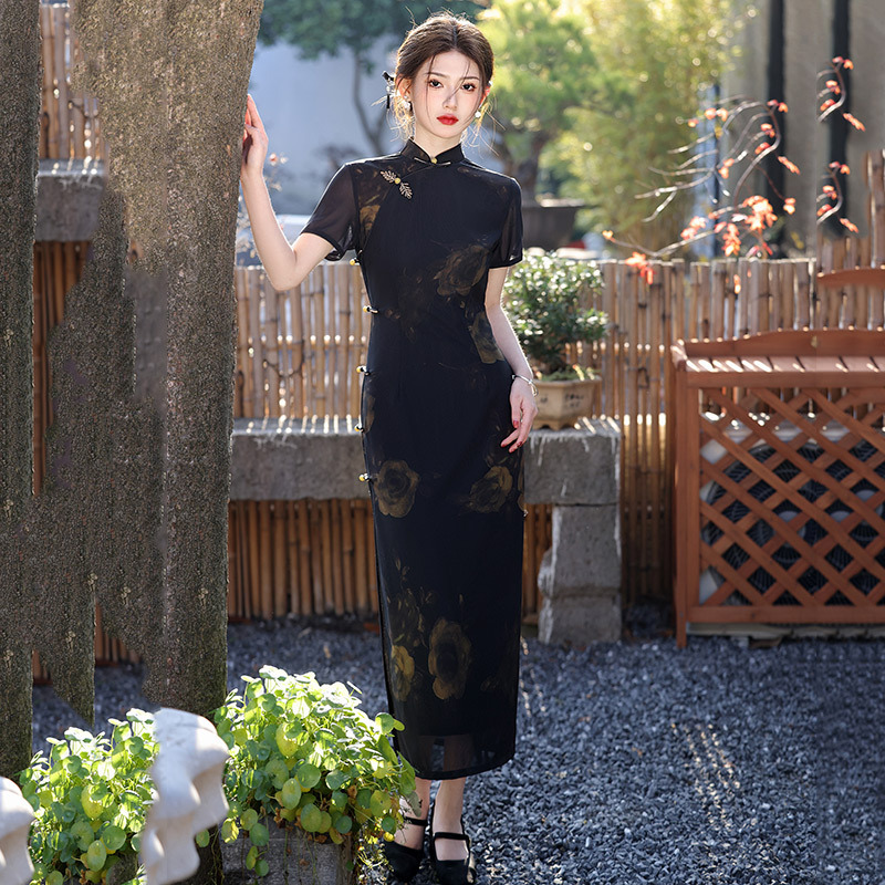 黑色國風新中式長款改良旗袍2025新款年輕款女復古修身短袖春夏季