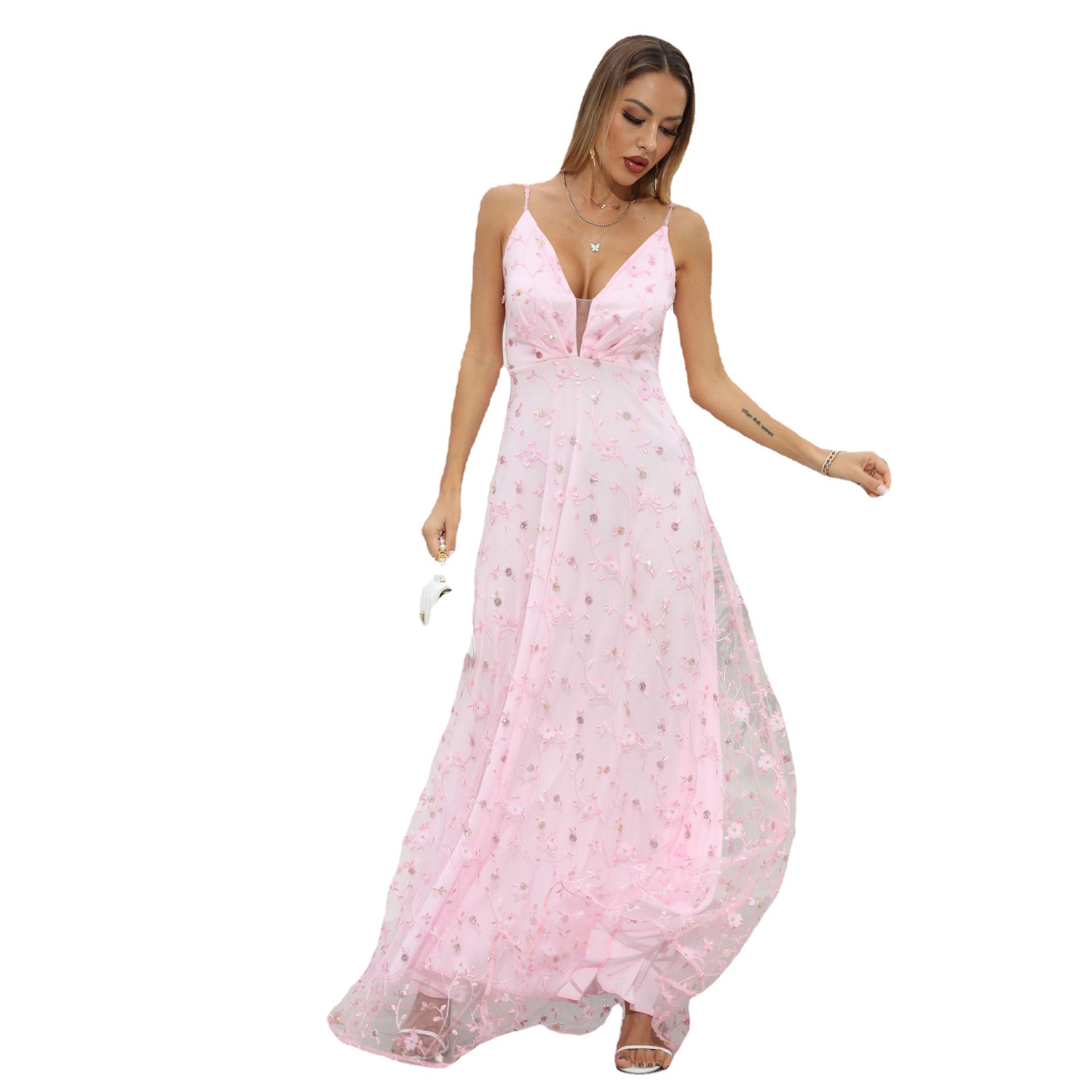 Primavera camisola vestido nuevo Rosa boda largo camisola vestido Amazon encaje vestido de noche