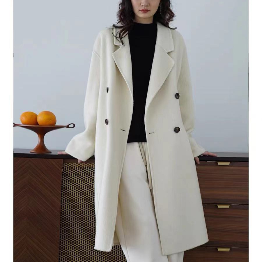 Retro-style winter alpaca wool long coat, elegant double-breasted design, double-faced wool, style, commuter-friendly. (8117) (Small yellow, slightly dirty, small pattern)