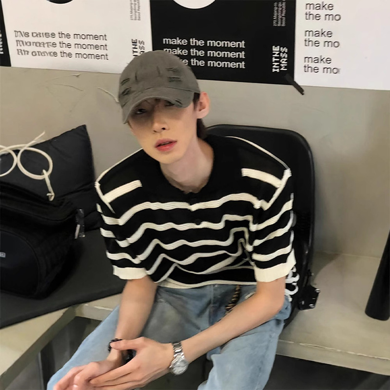Black and White Stripesd Cut Out Ice Silk Knitwear American Polo Shirt Short-Sleeved Men's Summer Design Niche Lapel T-Shirt
