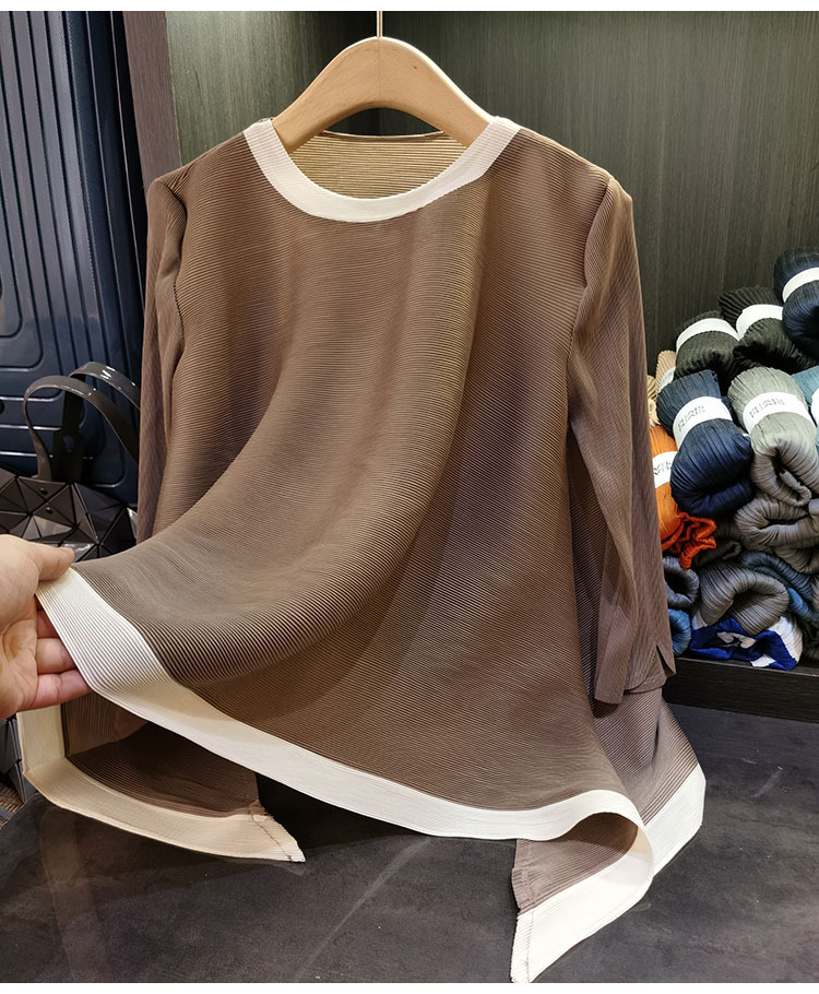 Áo thun nữ cổ tròn tay lỡ phối màu tương phản, dáng rộng xếp ly bất đối xứng — Màu xanh, Màu tím hồng, Màu đỏ hoa hồng, Màu hồng chi tiết 20