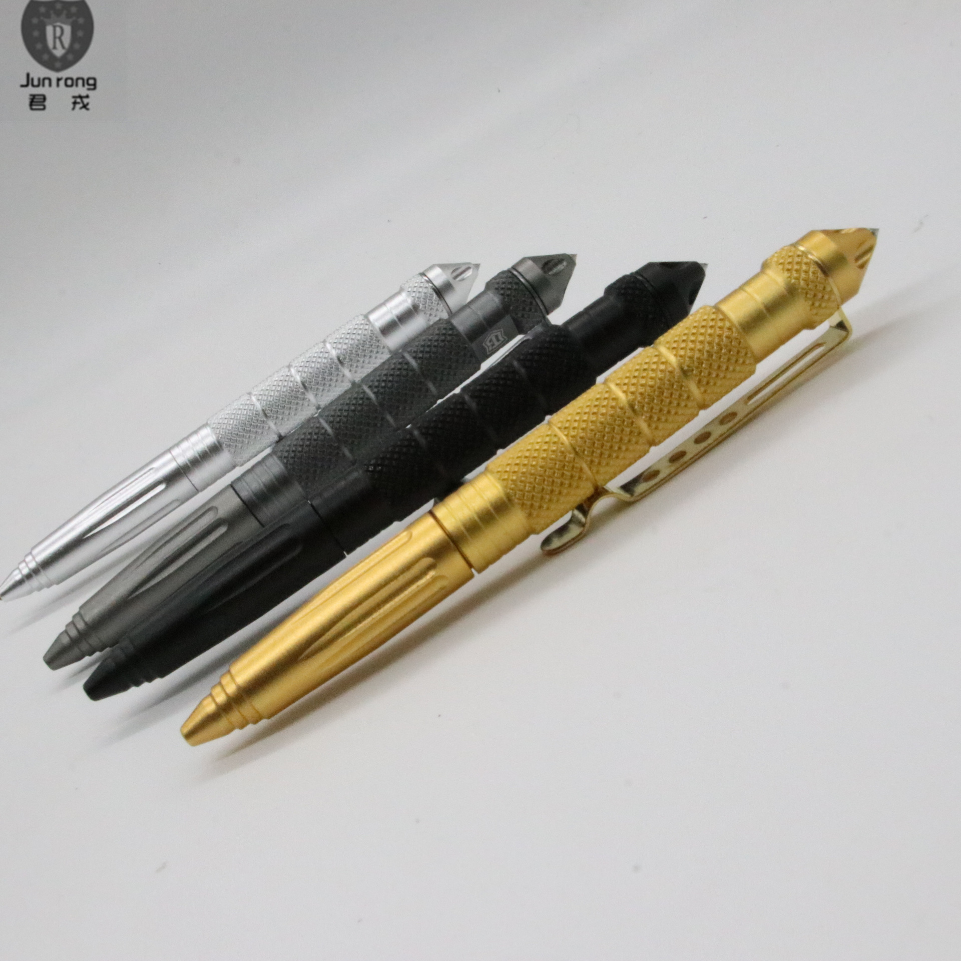 Pluma de autodefensa pluma de escape pluma de autodefensa bolígrafo pluma de metal logotipo láser en caja + 1 recarga de acero