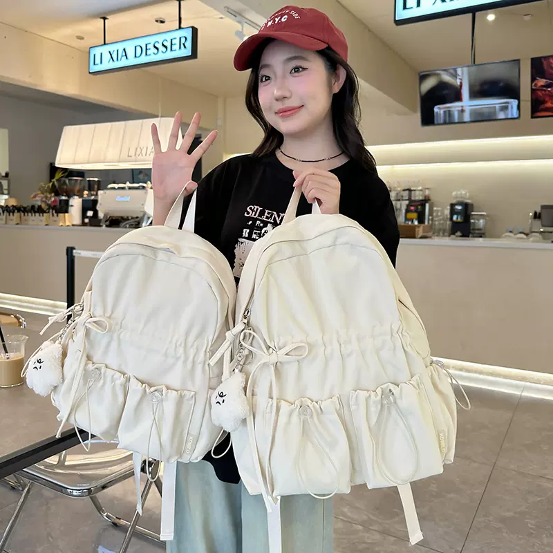 跨境2025大容量书包女初中生可爱蝴蝶结高中生背包女马卡龙色双肩