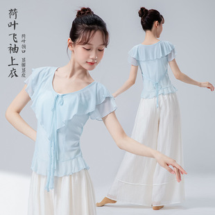Classical Dance Clothing for Women, Elastic Water Gauze, Lotus Leaf Small Flutter Sleeves, Loose Modern Dance Body Suit, Rhythmic Exercise Clothing, Short Sleeves