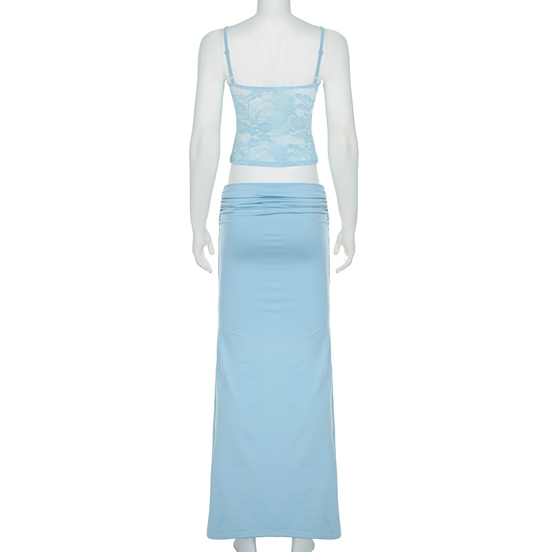 Women Clothing Lace Top with Narrow Straps Stitching Satin Fishtail Skirt Slim Waist Sheath Skirt Two Piece Sets