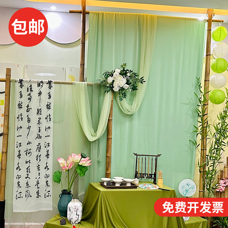New Chinese Style National Style Gauze Printed Mesh Fabric Kindergarten Environmental Creation DIY Decoration Ancient Style Calligraphy Green Curtain