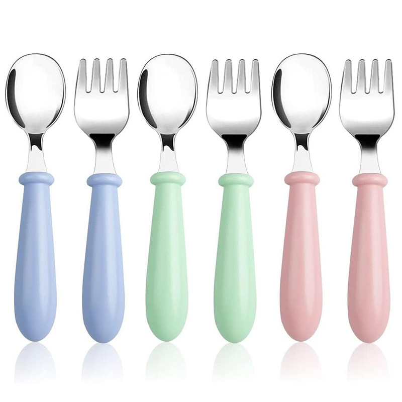6 Pc Toddler Tableware Kids Silverware Baby Fork and Spoon suit, Stainless Steel Child Safety Tableware Spoon