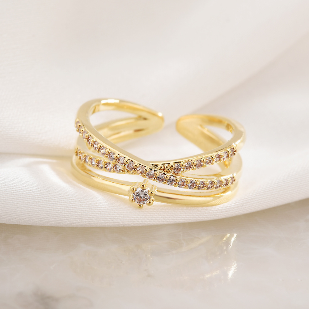 Light luxury copper-plated zircon ring, feminine and high-end, open adjustable super flash ring, simple popular ins style