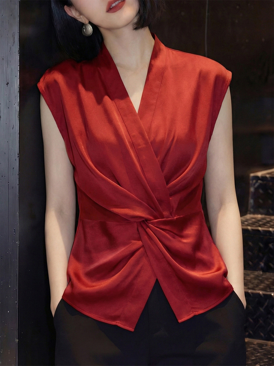 Áo hai dây nữ satin cổ chữ V, thiết kế thắt lưng, dáng suông thoải mái mùa hè — màu đỏ chi tiết 3