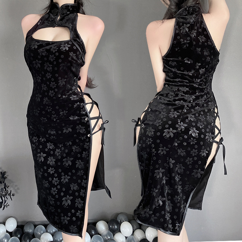 린 린팅 섹시 언더웨어 섹시 빈티지 벨벳 슬림 핏 나이트 드레스 사이드 스트랩 유혹 청삼 유니폼 세트